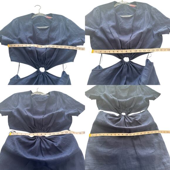 Staud Epona Sheath Dress Large Ring Detail Short Sleeve Cutout Linen Mini Navy L - Picture 12 of 16
